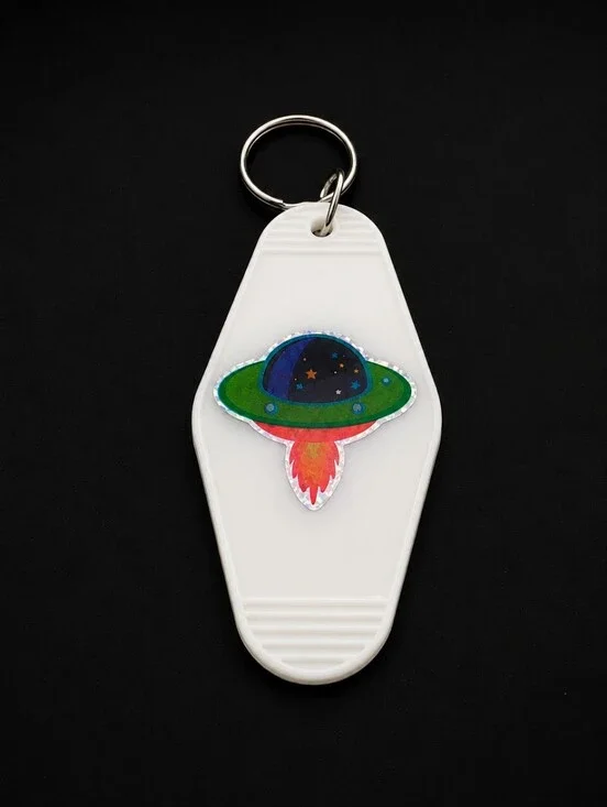 Handmade Retro UFO Rocket Ship Motel Keychain Space Resin Charm