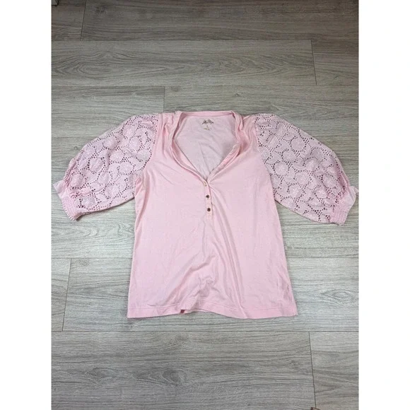 Lilly Pulitzer Etta V-Neck Top Pink Eyelet Lace Puff Sleeve Knit Shirt Large
