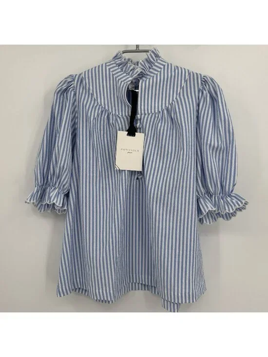 Pomander Place by Tuckernuck Blue Stripe Selena Blouse sz XS Puff Sleeve Ruffle