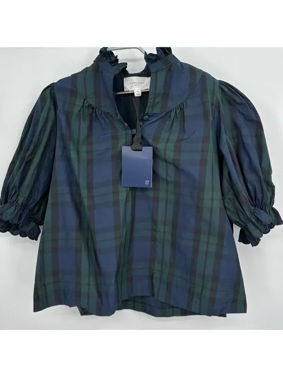 Pomander Place by Tuckernuck Blackwatch Plaid Selena Blouse sz M Puff Sleeve