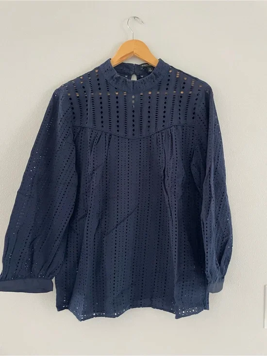 Banana Republic Navy Eyelet High-Neck Blouse