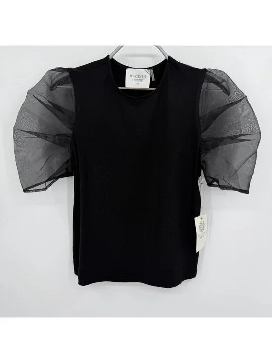 Hyacinth House by Tuckernuck Black Darby Organza Puff Sleeve Top size XXS 2XS