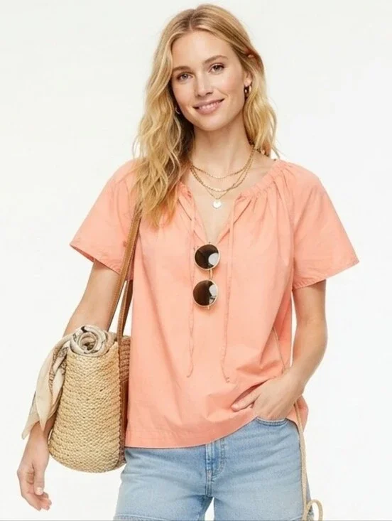 J.Crew Peach Cotton Blouse Short Sleeve Gathered Tie Neck Top Size Small