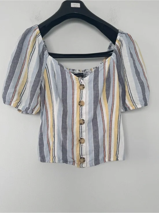Abercrombie & Fitch Linen Crop Top Pastel Stripe Puff Sleeve Smocked Blouse S