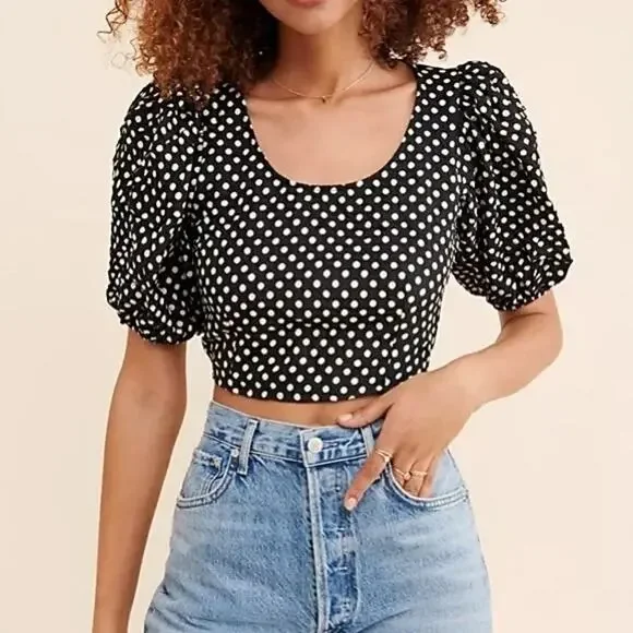 NEW Free People Polka Puff Sleeve Crop Top Black 6