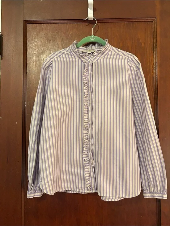 LOFT Lavender & White Striped Ruffle-Front Blouse