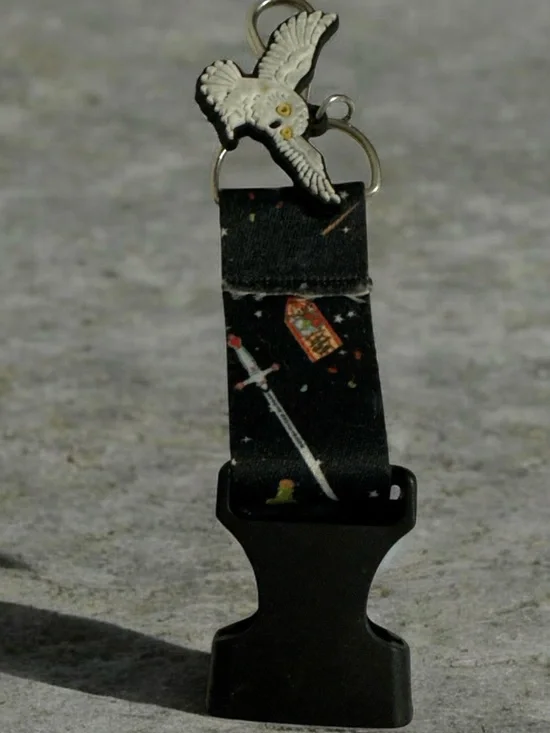 Black Space-Themed Key Lanyard with Owl Charm