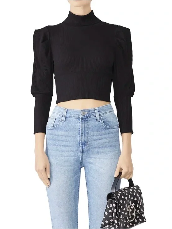Free People Black Ribbed Puff-Sleeve Cropped Mock Neck Top