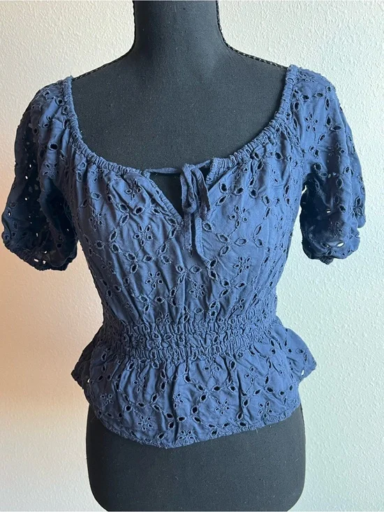 Abercrombie & Fitch Navy Eyelet Peplum Top with Tie Neck Cinched Waist