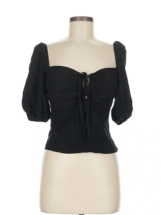 Reformation Black Puff Sleeve Tie-Front Blouse