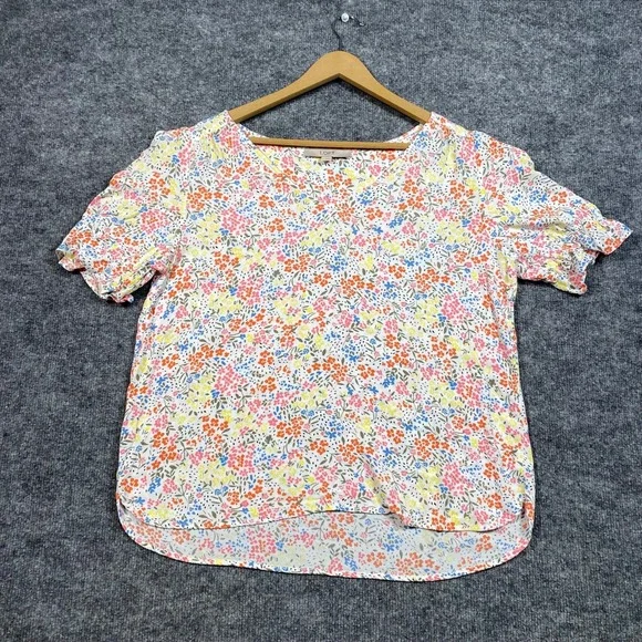 LOFT Womens Floral V-Neck Puff Sleeve Blouse White Multi Color Rayon Top Large