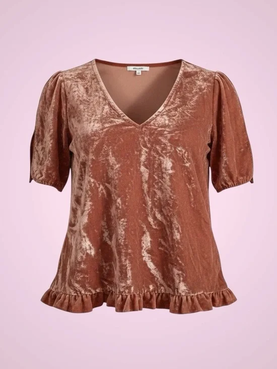 Madewell🎀Orange/Coral Crushed Velvet Ruffle Hem Top🎀Size M🎀Versatile&Chic🎀