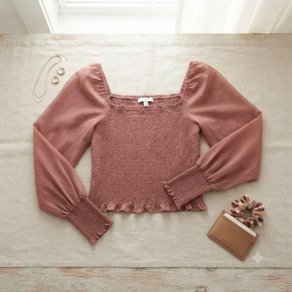 Madewell Smocked Top Women M Pink Long Sleeve Puff Square Neck Boho Romantic