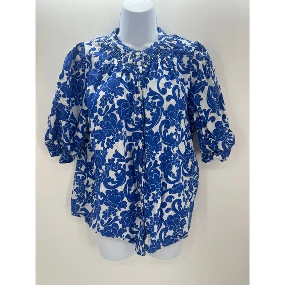 Boden Womens 10 Blue White Floral Linen Smocked Puff Sleeve Button Down Blouse