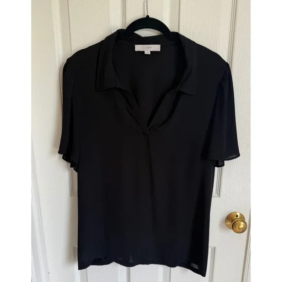 LOFT Black Mixed Media Flutter Sleeve Collared Split Neck Blouse XL