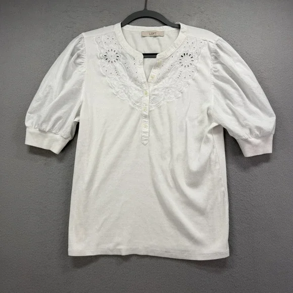 LOFT White Ribbed Henley Women Medium* Eyelet Lace Crochet Floral Puff Sleeve