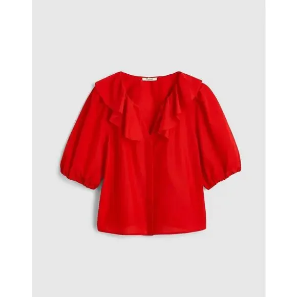 Madewell Women's Cotton-Silk Ruffled Y-Neck Top NV889 Festival Red Size XXS NWT