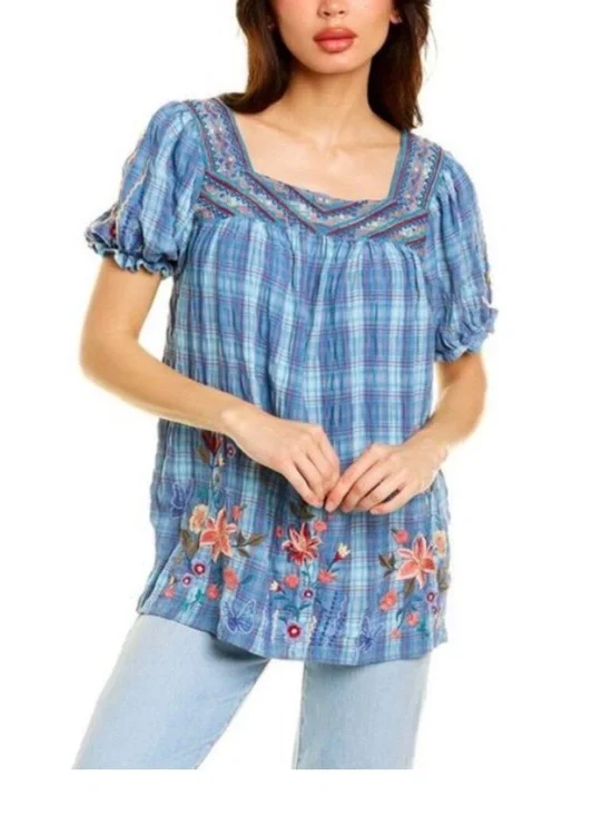 JOHNNY WAS Blue Plaid Embroidered Aimee Puff Sleeve Peasant Top Women's LARGE