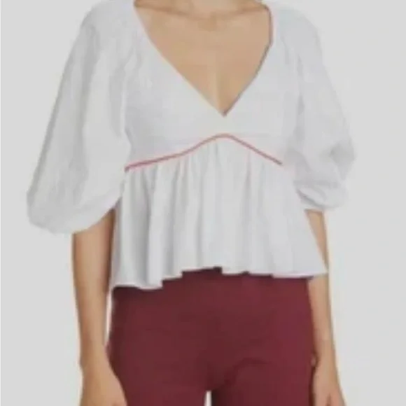 STAUD Women’s Crisp White Puff Sleeve Dani Blouse Empire Waist Top Sz 0