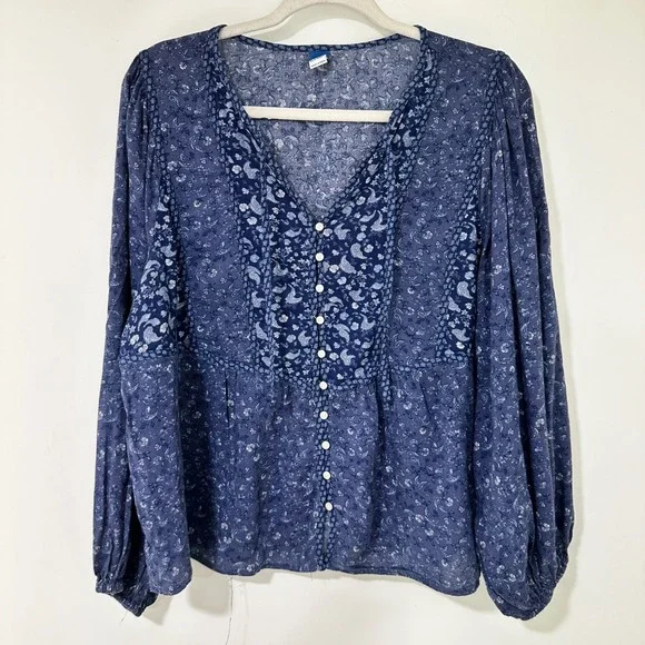 Old Navy Blouse Top Womens Large Blue Cotton Rayon Paisley Floral Peplum Boho L