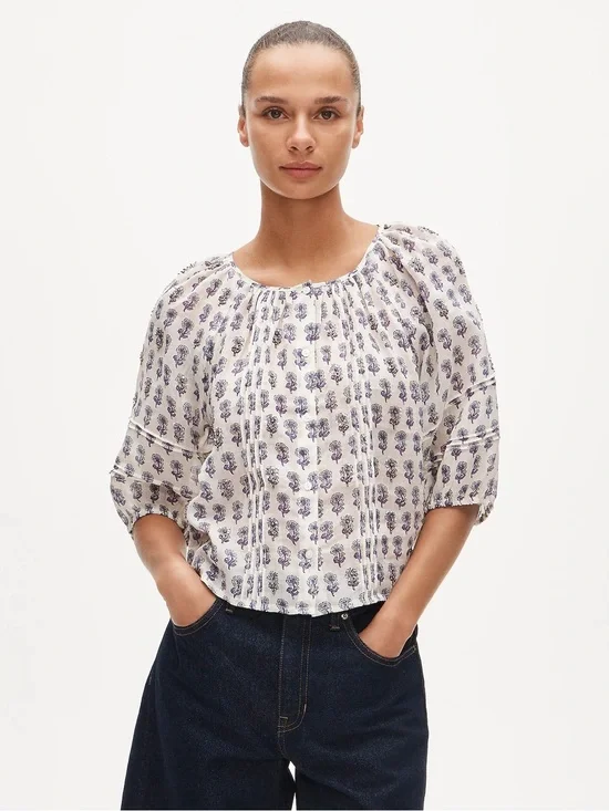 Puff-sleeve top in embellished lilac block-print ramie J Crew XS 2026