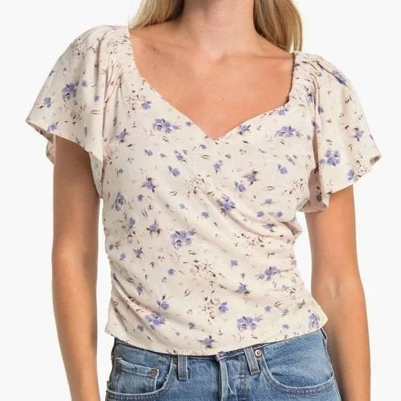 ASTR The Label Periwinkle Floral Ruched Blouse XL Cottagecore Top‎