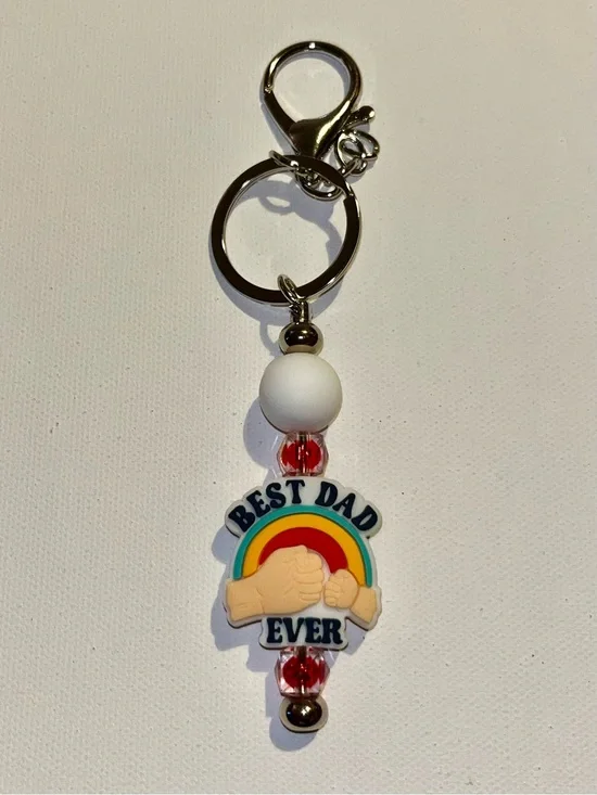 ‘Best Dad Ever’ Fist Pump Keychain w/Multicolor Accent White & Faceted Red Beads