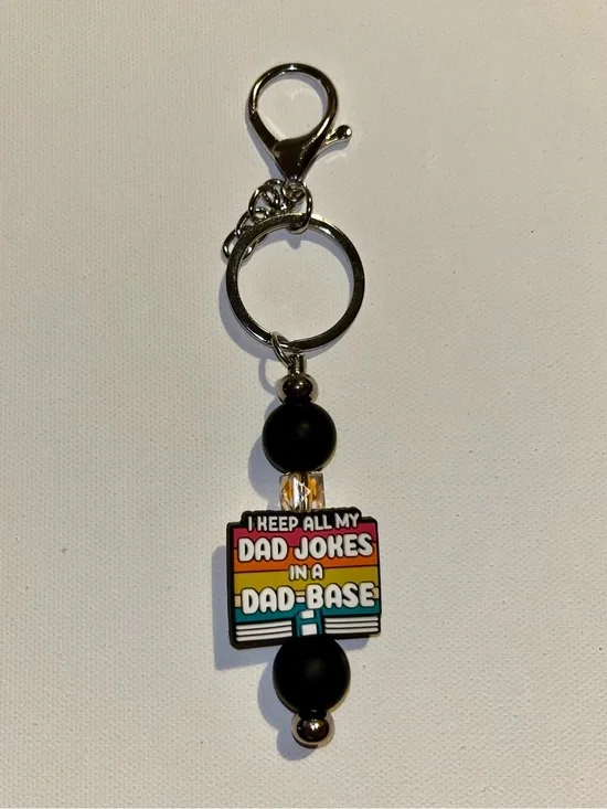 ‘I Keep All My Jokes in a Dad-Base’ Black with Retro Stripes Keychain