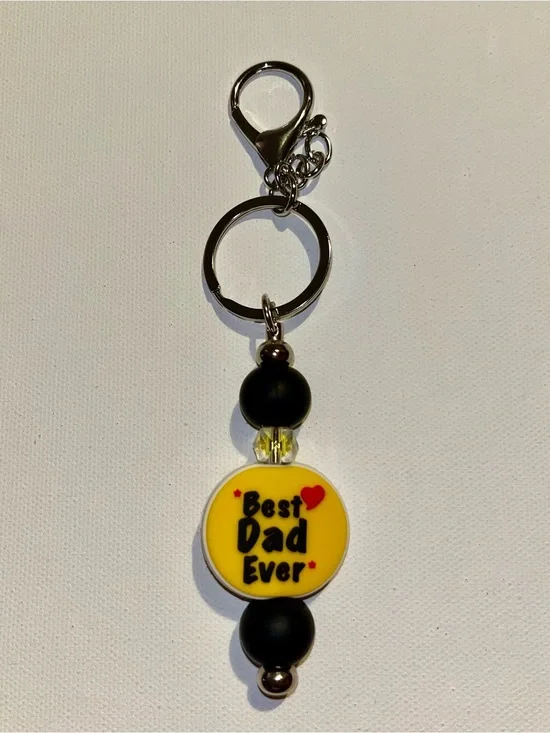 ‘Best Dad Ever’ Yellow Charm w/Red Heart & Yellow Faceted Accent Beaded Keychain