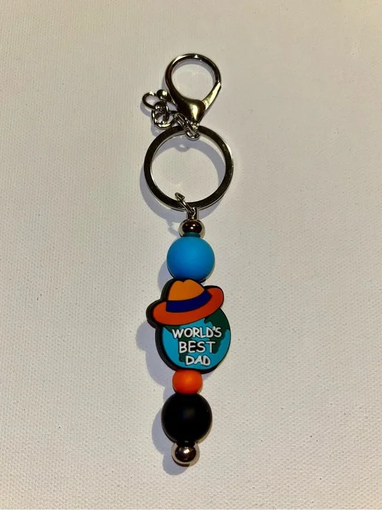 ‘World's Best Dad’ Globe w/Hat Charm Keychain in Blue, Orange & Black