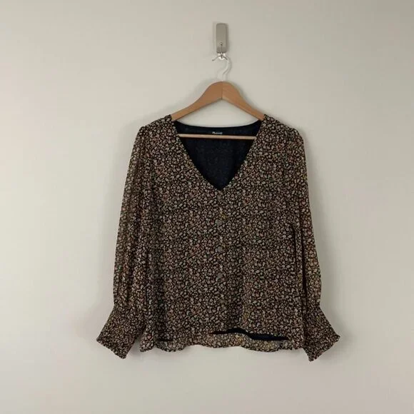 Madewell Georgette Smocked-Cuff Button-Front Shirt in Folktale Paisley Size 12
