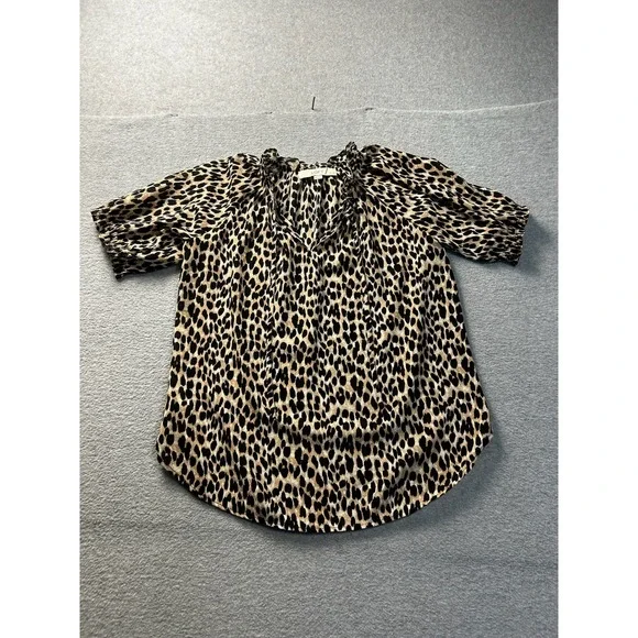 LOFT Petites Womens XSP Leopard Print Blouse Ruffle Neck Animal‎ Print Top