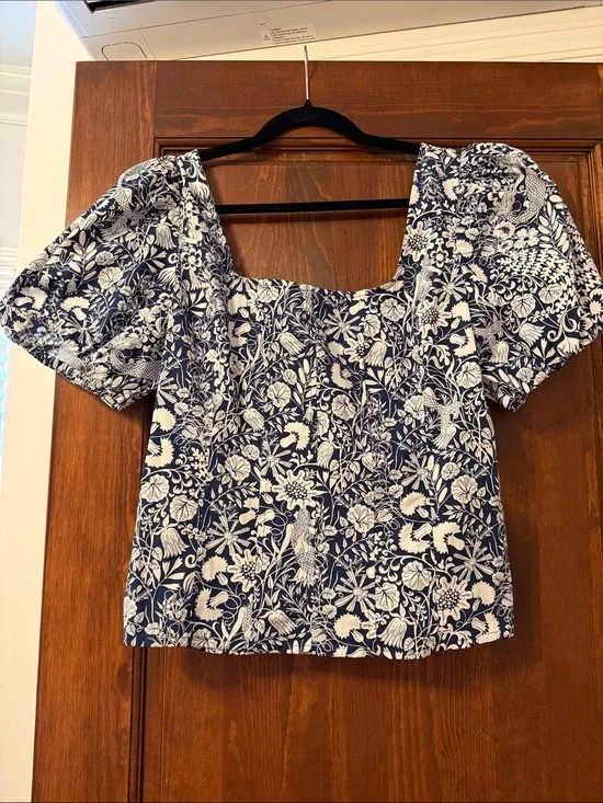J. Crew Navy and White Floral Square-Neck Blouse