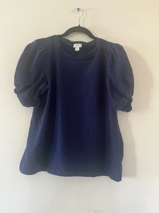 J Crew Puff Sleeve Cotton Top Small Navy Feminine Eyelet Textured Blouse Capsule