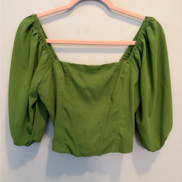 Abercrombie & Fitch Olive Puff Sleeve Crop Blouse Small