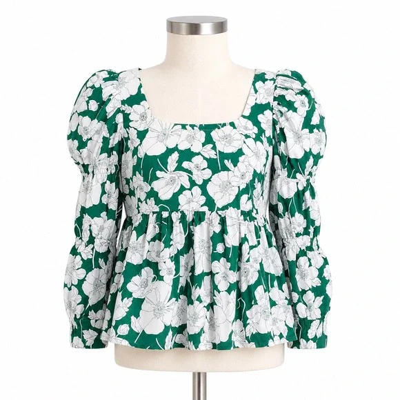 NEW Tuckernuck Hyacinth House Green Floral Puff Sleeve Top Women's Large Clemons