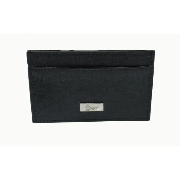 Mayer Black Crossgrain Leather Card Holder Slim Wallet Silver Logo 4 x 2 in