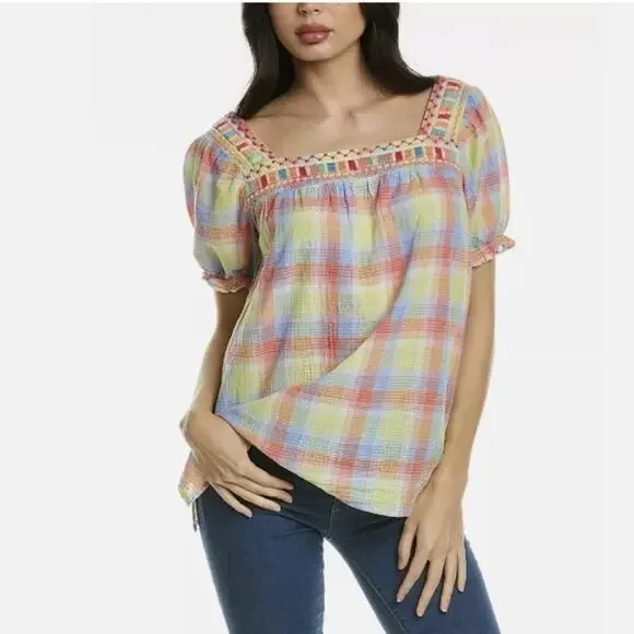 NEW Johnny Was Delacey Puff Sleeve Boho Embroidered Peasant Top Womens Small