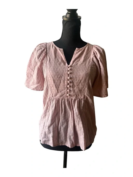 Madewell Pink Puff Sleeve Peplum Button Front Top Size S Feminine Cottagecore