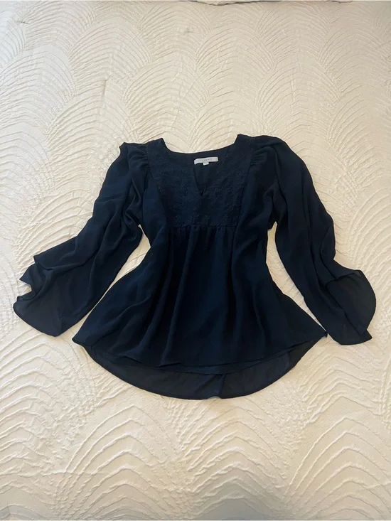 LOFT Navy Long-Sleeve V-Neck Peasant Blouse