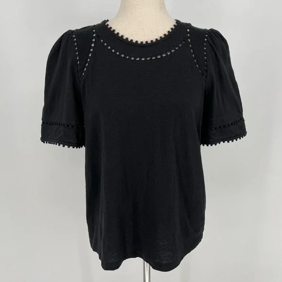 Boden Womens Mila Pom Pom Trim Short Puff Sleeve Top Size 8 Black Cotton Boho