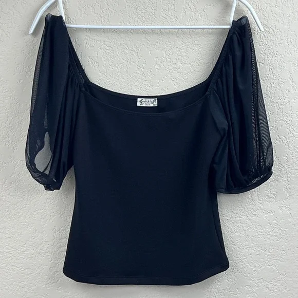 Free People Top Women's Small‎ Black Puff Sleeve Sleeve Cami Square Neck Stretch