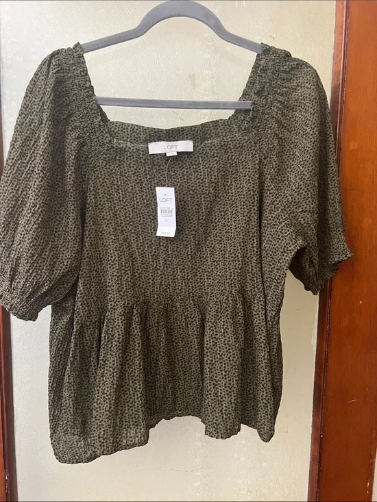 LOFT Olive Green Smocked Peplum Blouse