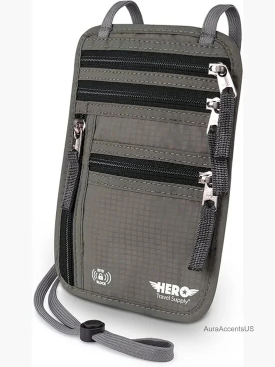RFID Blocking Travel Neck Wallet, Passport Holder, Adjustable Strap, Nylon,