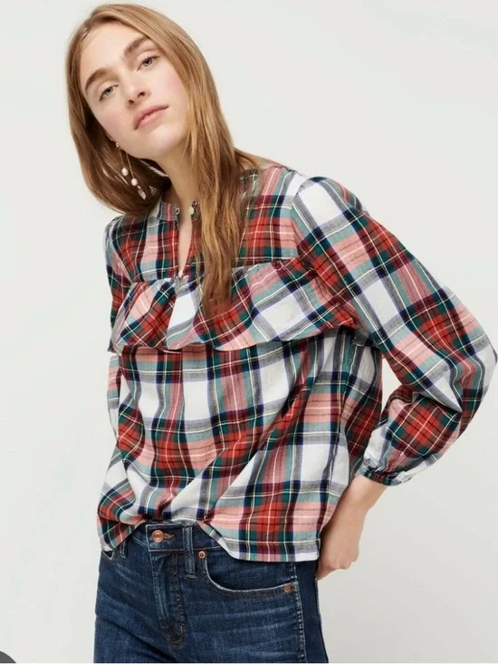 J. CREW Plaid Ruffle Yoke Pullover Top
