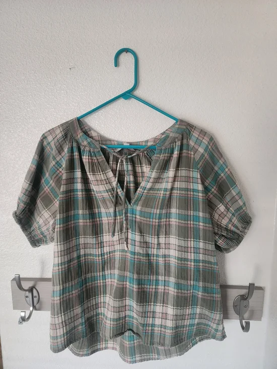 LOFT Plaid Split Tie Neck Puff Sleeve Peasant Blouse Top XS