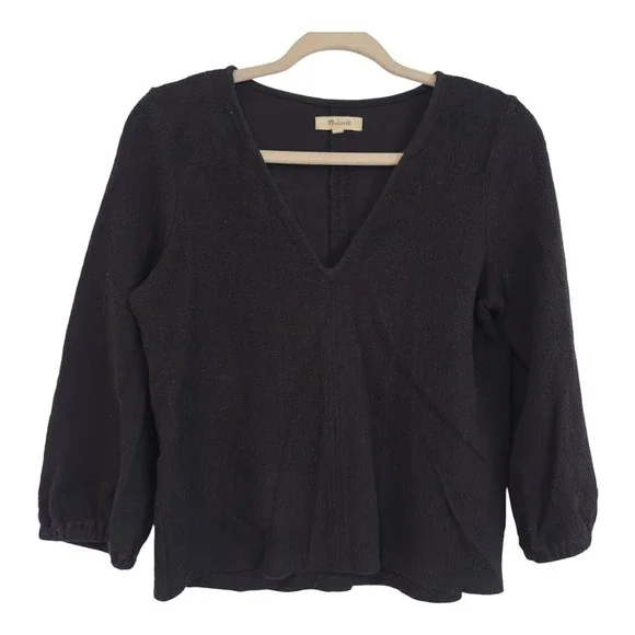 Madewell Womens Black Textured Cotton V-Neck 3/4 Sleeve Top Small CKP453300000