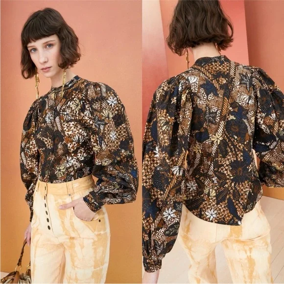 Ulla Johnson Prudence Blouse Bronze Floral Size 2 Puff Sleeves Neutral Top Shirt