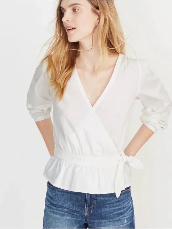 Madewell Puff Sleeve Peplum Wrap Top Pure White NWT Medium