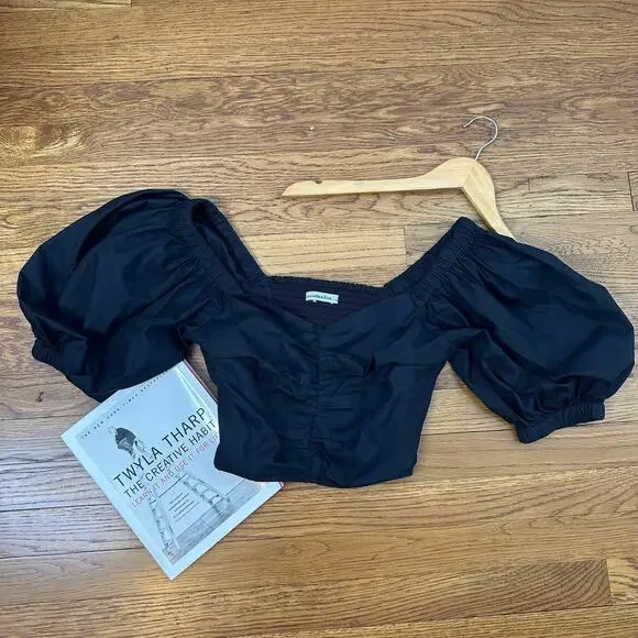 Abercrombie Black Cropped Smocked Puff Sleeve Blouse